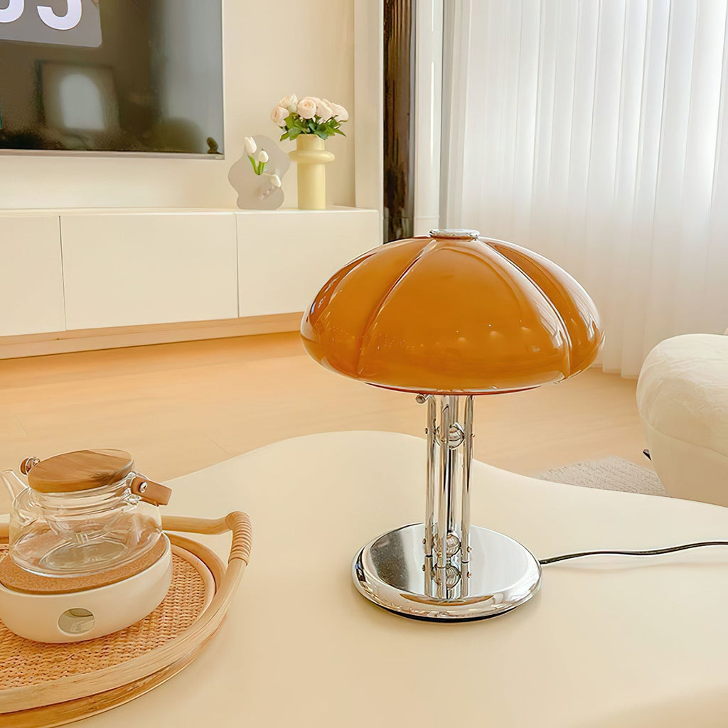 Cato Retro Caramel Glass Table Lamp with Chrome Base