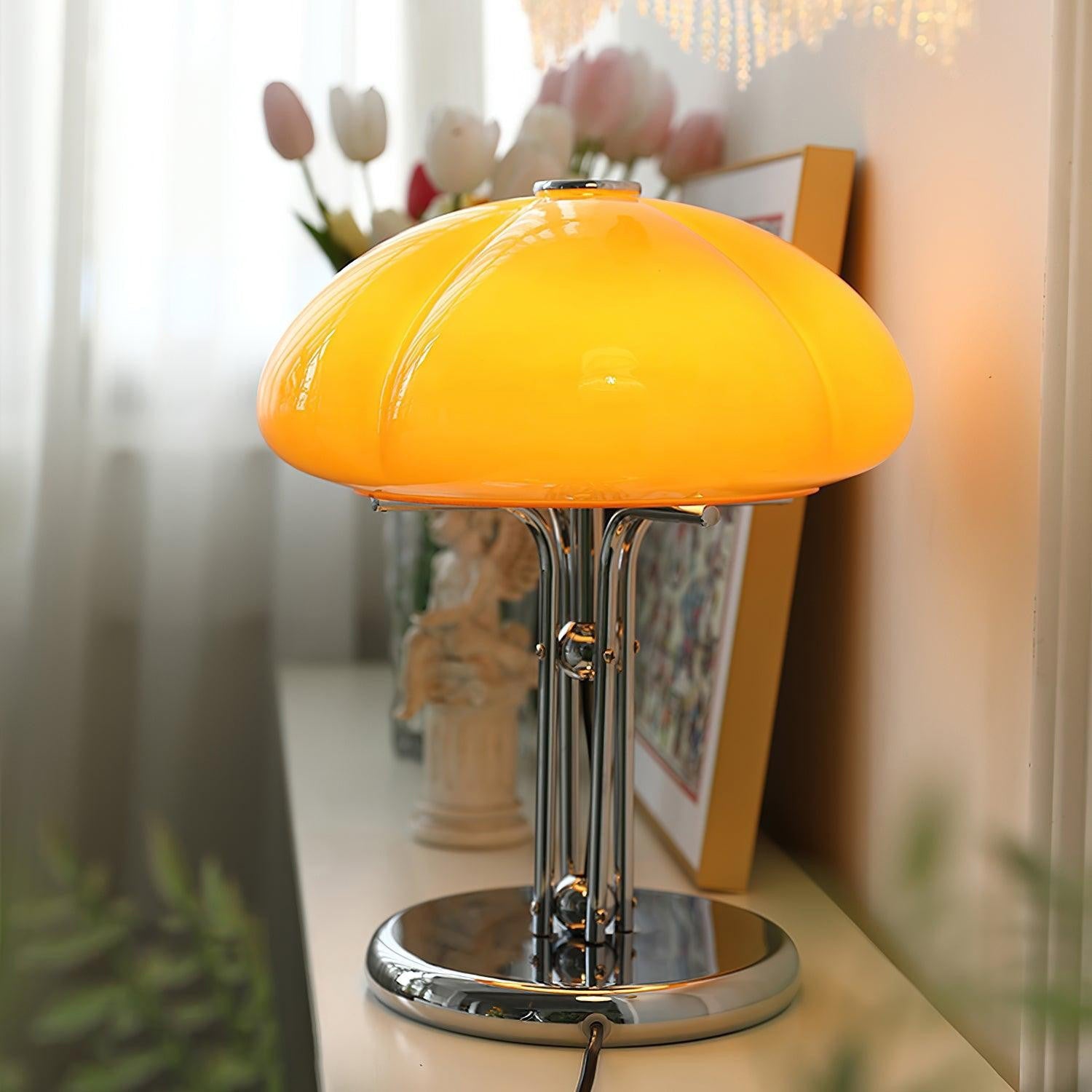 Cato Retro Caramel Glass Table Lamp with Chrome Base