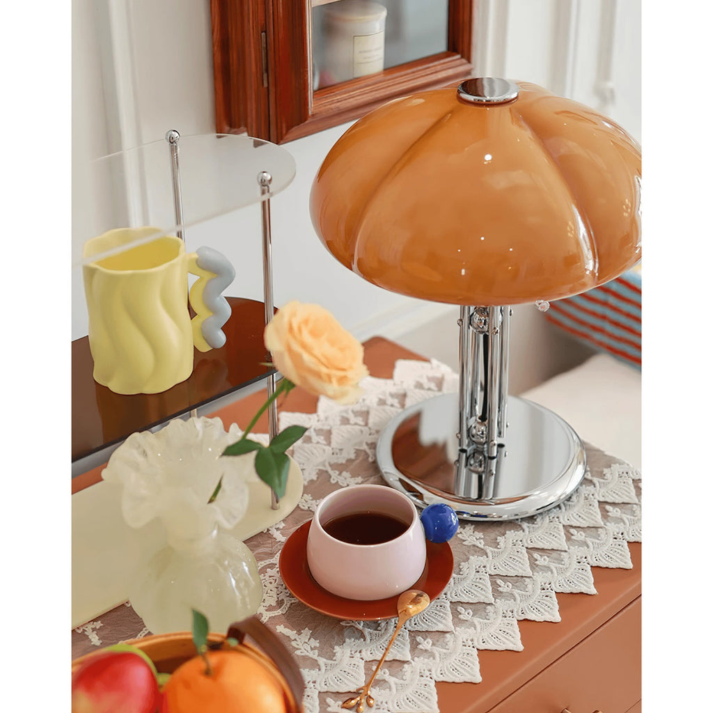 Cato Retro Caramel Glass Table Lamp with Chrome Base