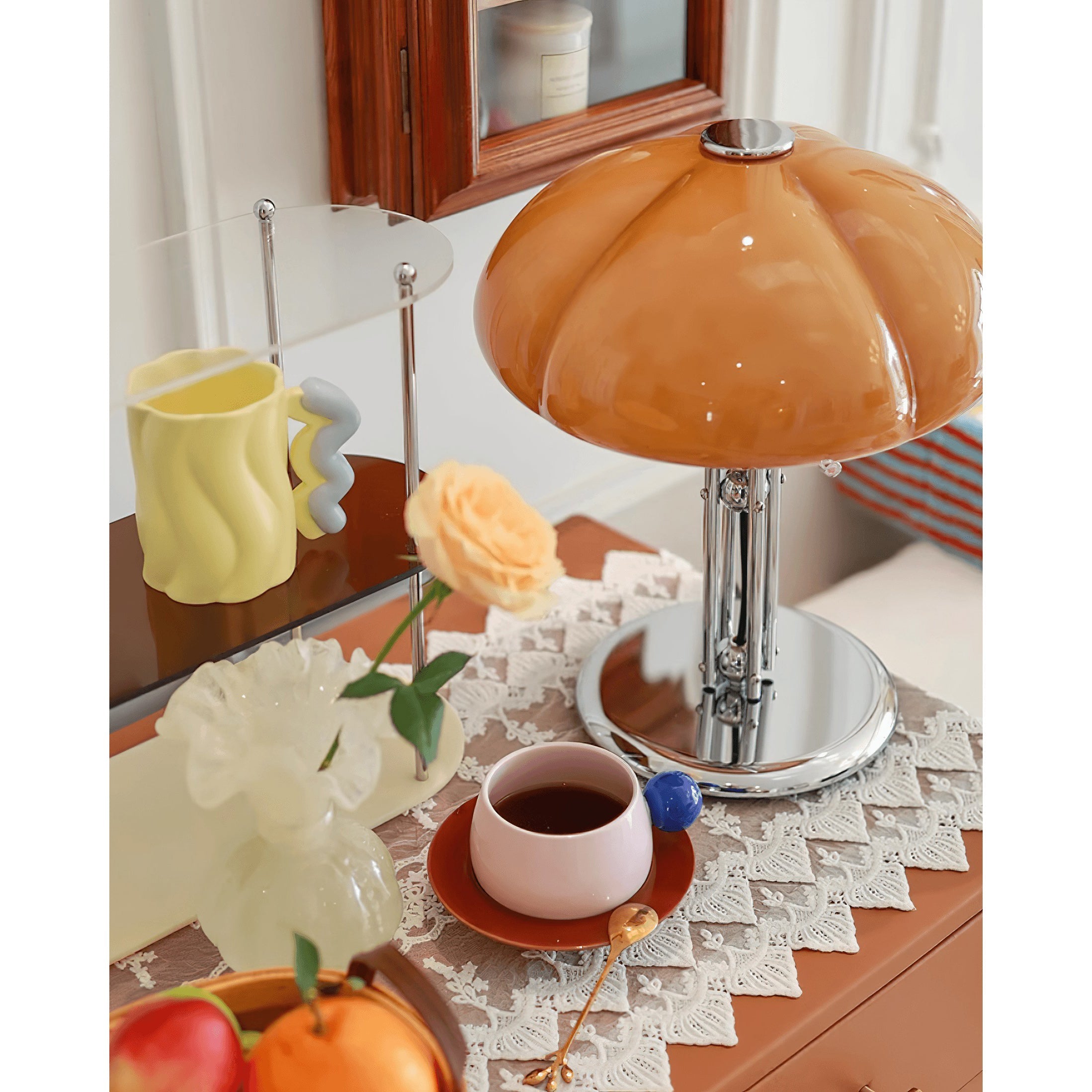 Cato Retro Caramel Glass Table Lamp with Chrome Base