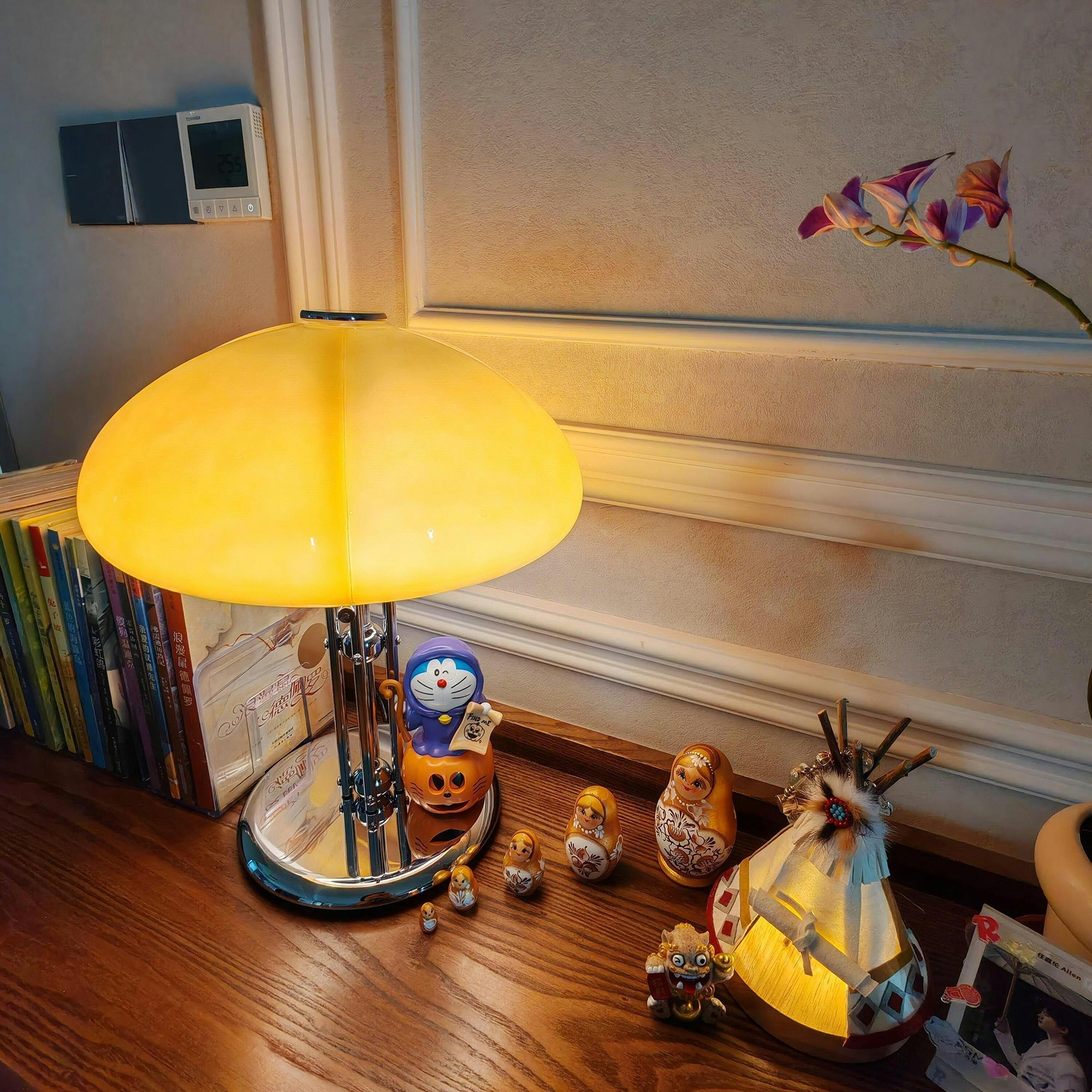 Cato Retro Caramel Glass Table Lamp with Chrome Base