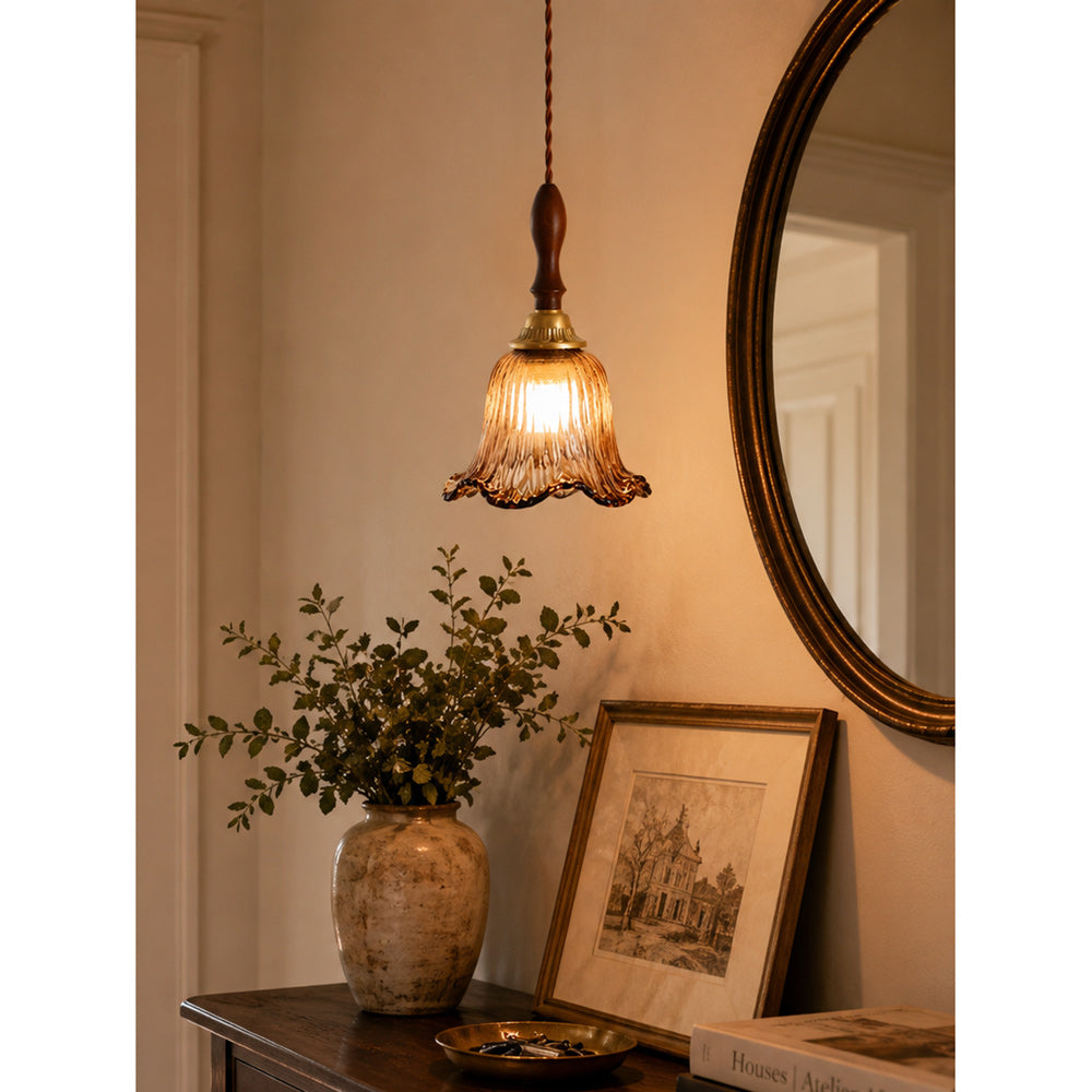 Cazel Ribbed Amber Glass Tulip Pendant Light