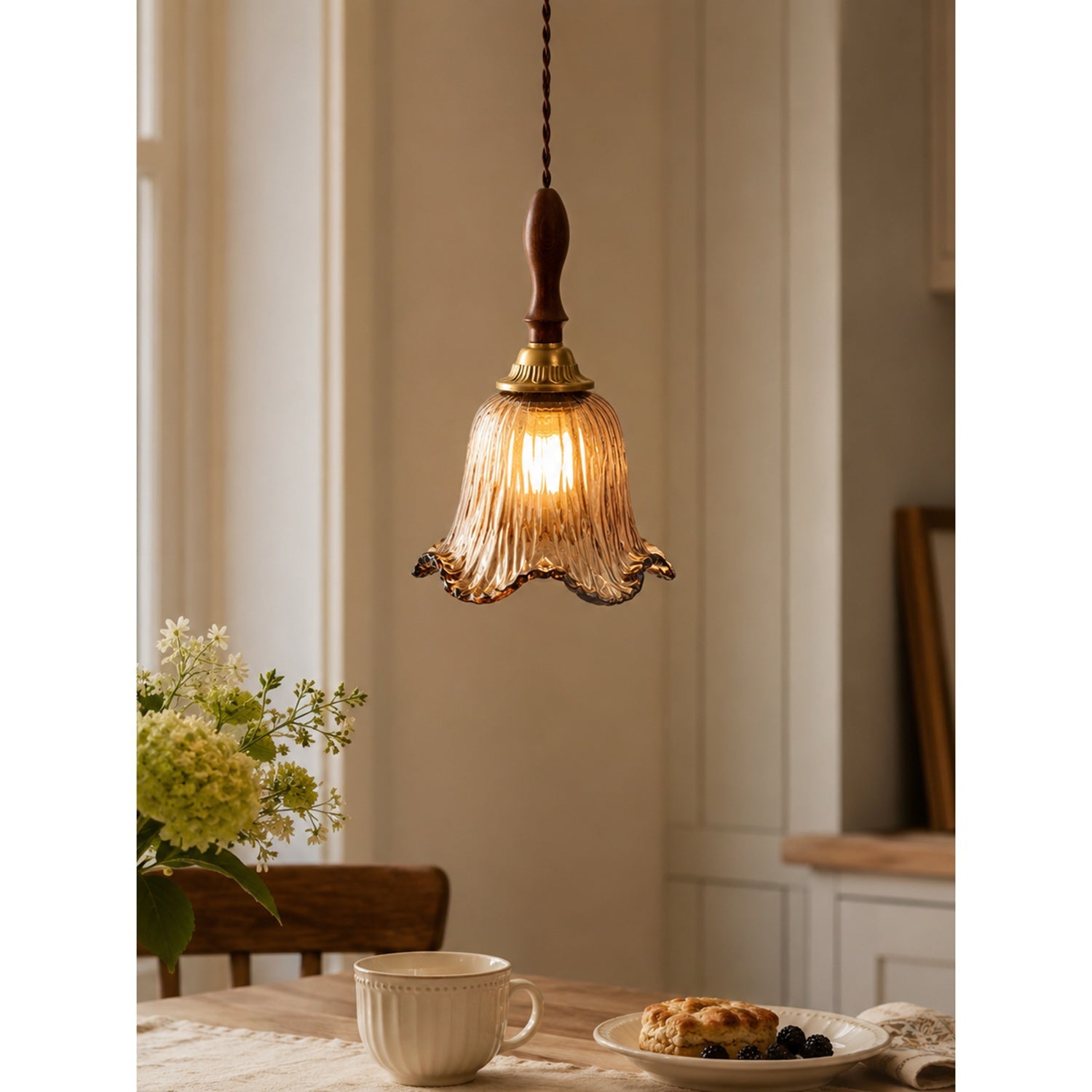Cazel Ribbed Amber Glass Tulip Pendant Light