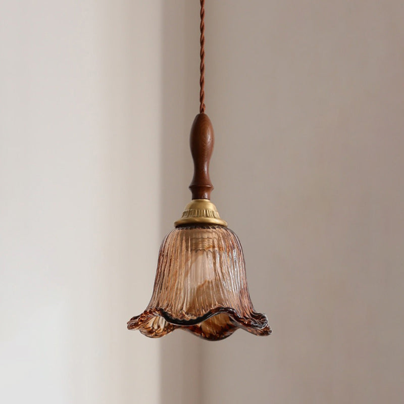 Cazel Ribbed Amber Glass Tulip Pendant Light