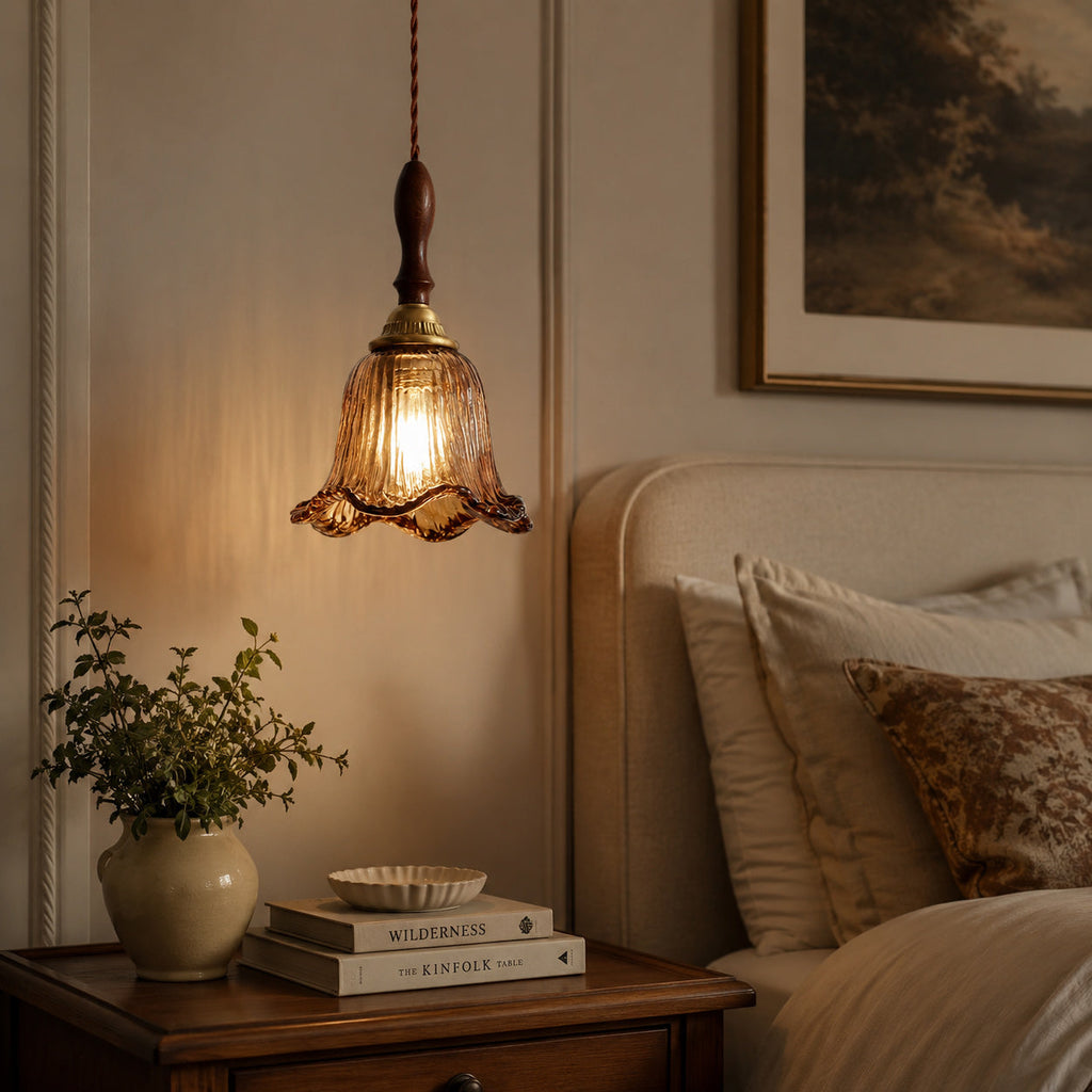 Cazel Ribbed Amber Glass Tulip Pendant Light