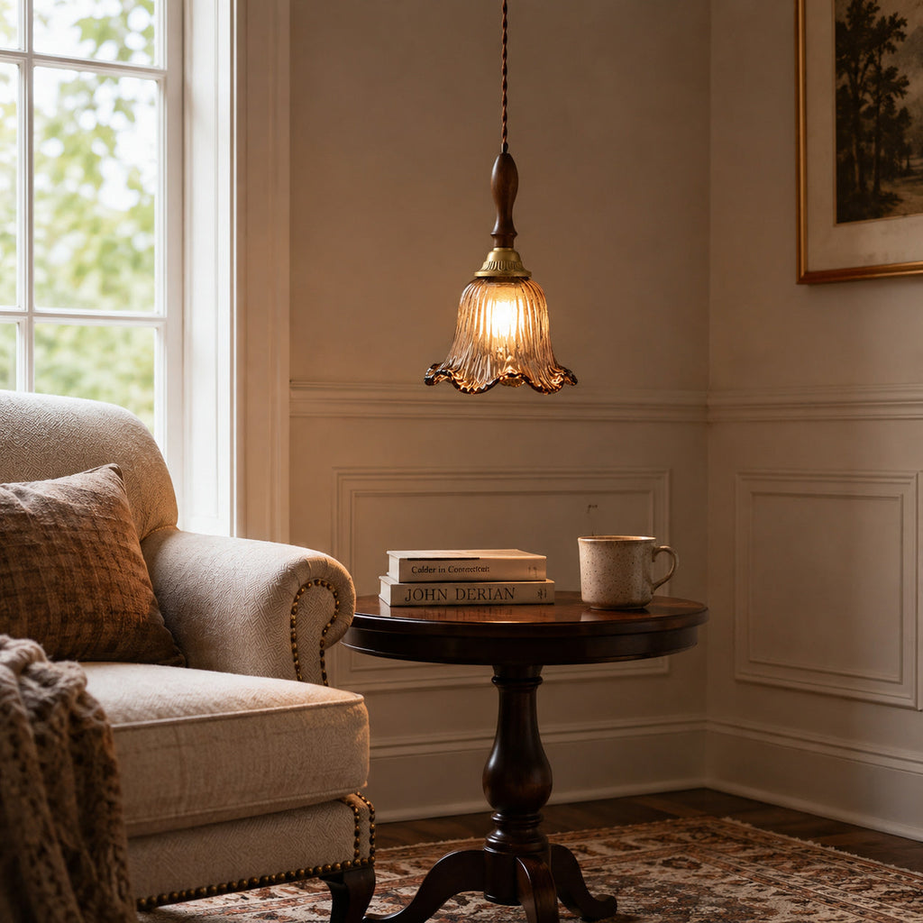 Cazel Ribbed Amber Glass Tulip Pendant Light