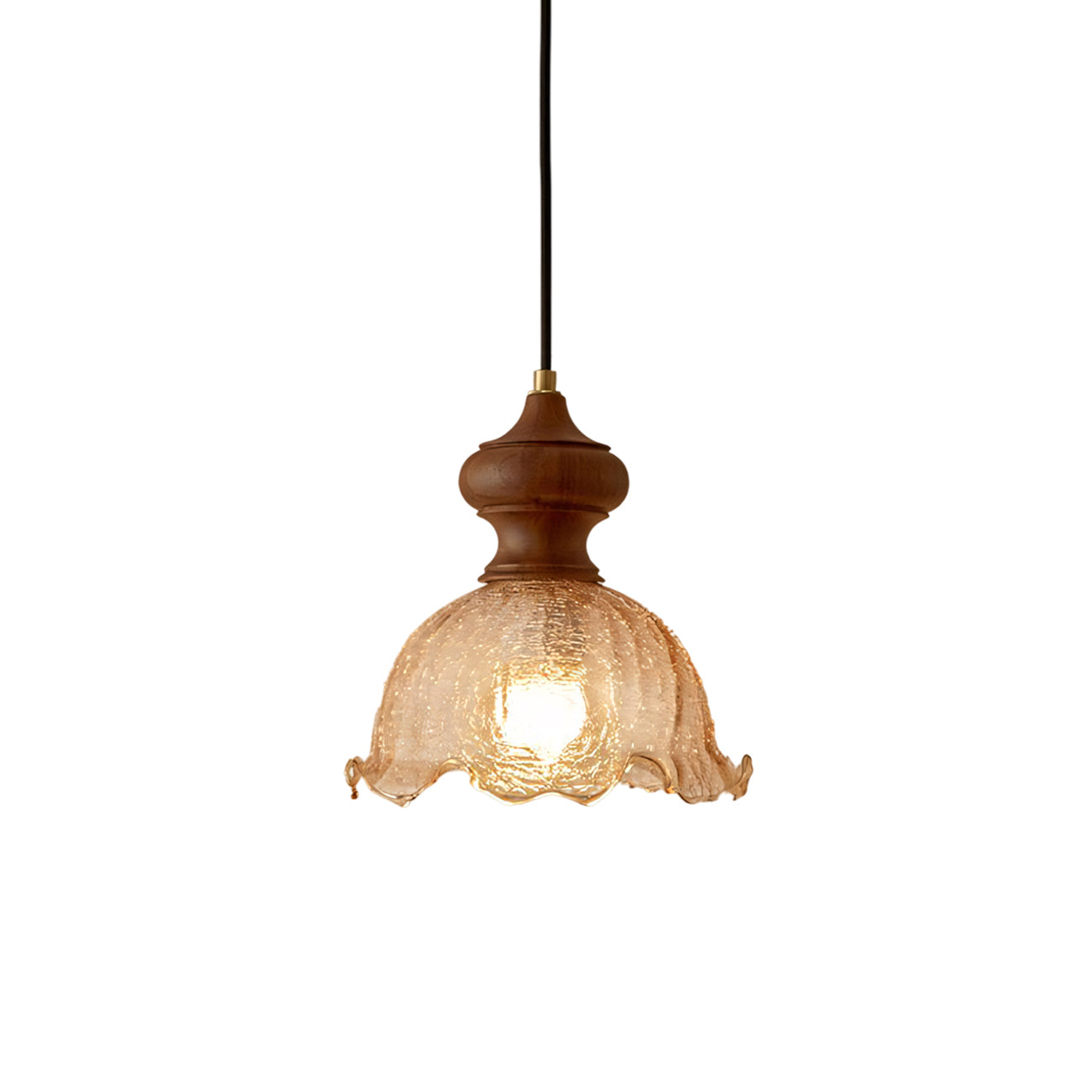 Cecelia Scalloped Amber Glass Pendant with Wood Collar
