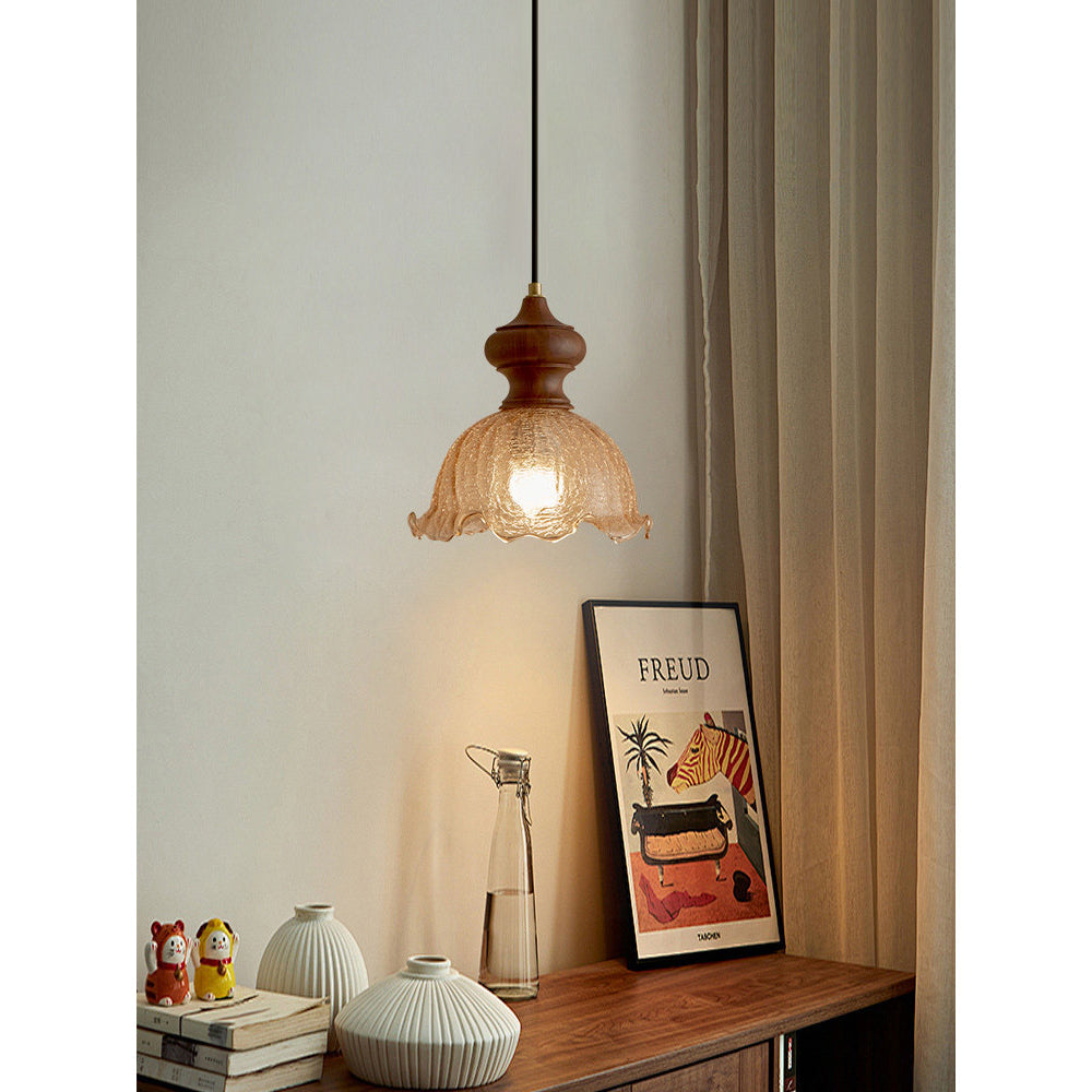 Cecelia Scalloped Amber Glass Pendant with Wood Collar