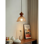 Cecelia Scalloped Amber Glass Pendant with Wood Collar