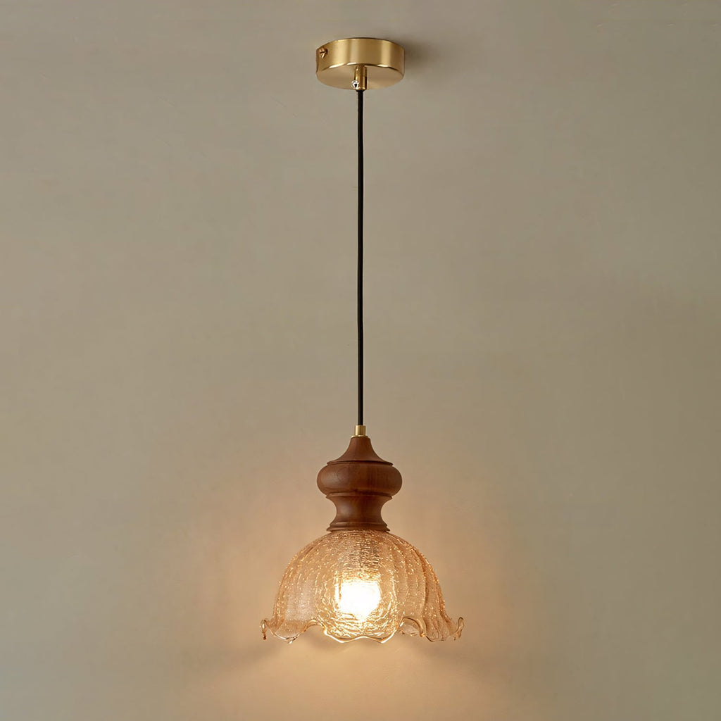 Cecelia Scalloped Amber Glass Pendant with Wood Collar