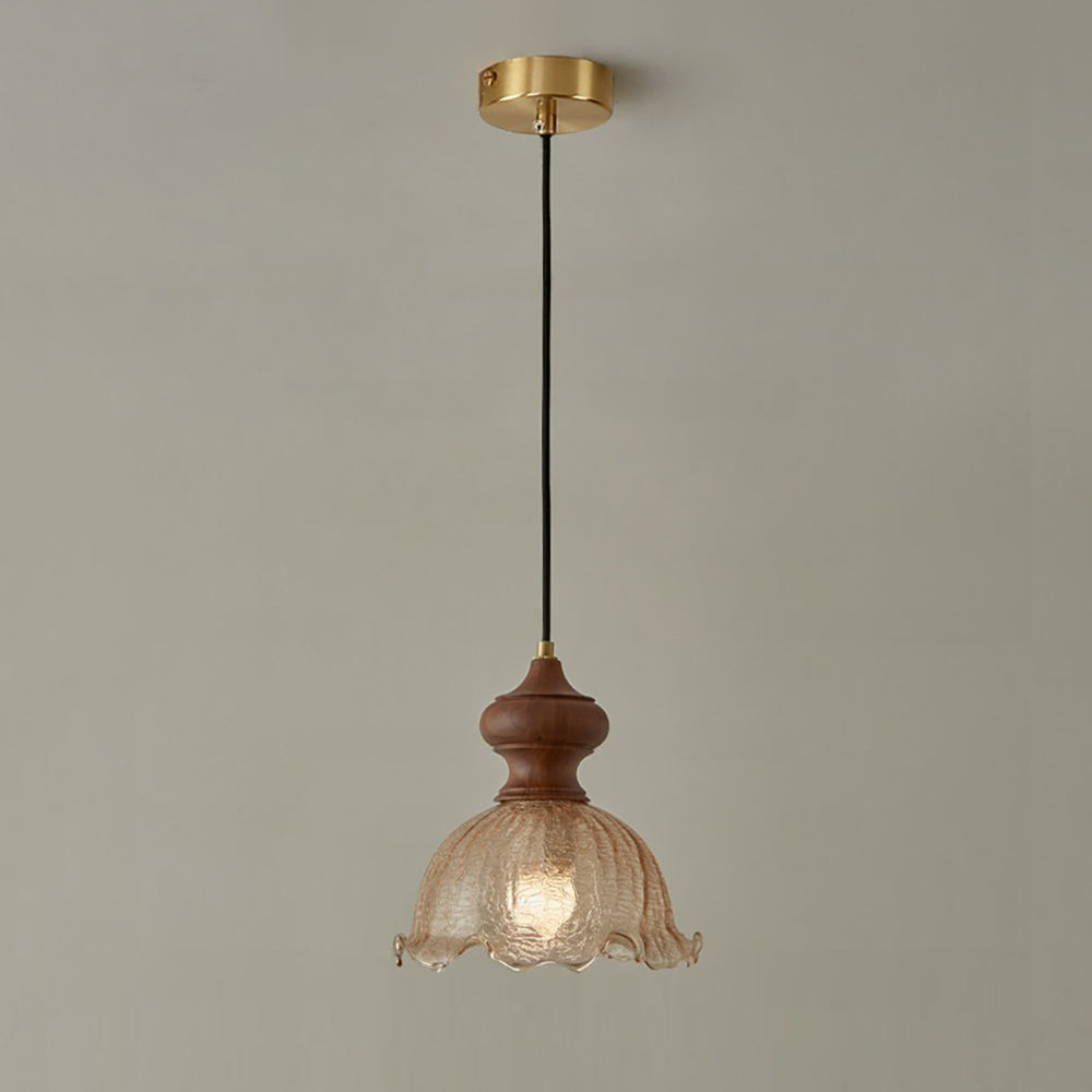 Cecelia Scalloped Amber Glass Pendant with Wood Collar