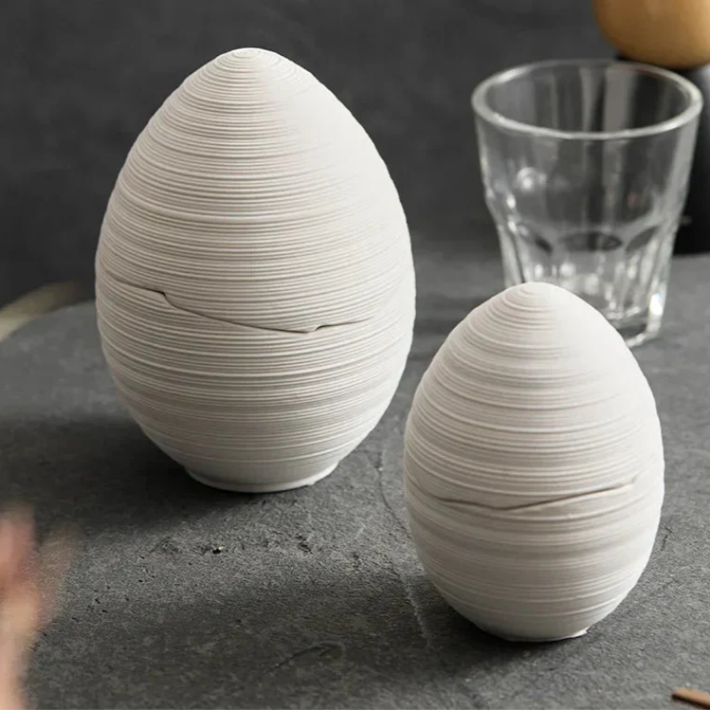 Egg-Shaped Lidded Bowl, Ceramic, Brushed Finish, Solid Color