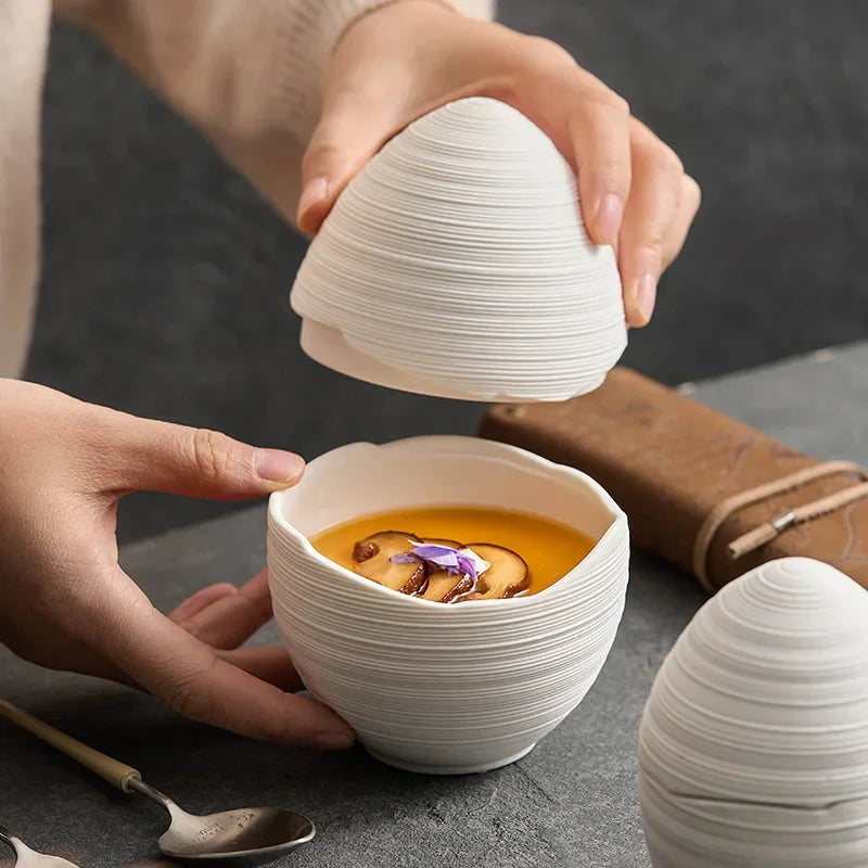 Egg-Shaped Lidded Bowl, Ceramic, Brushed Finish, Solid Color