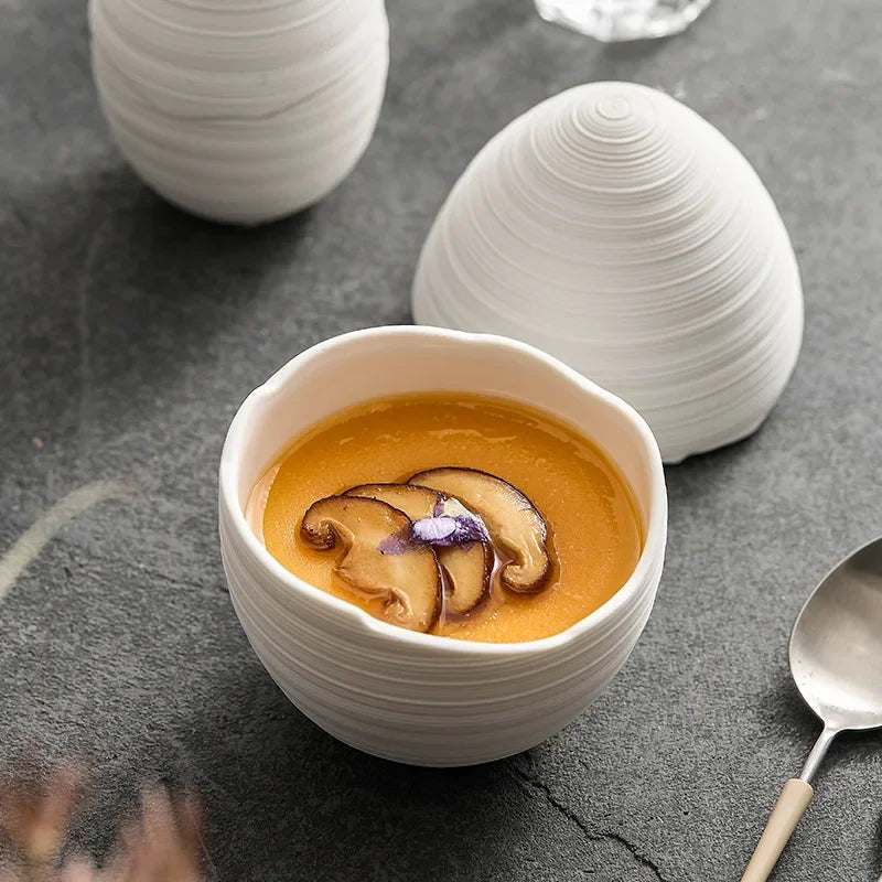 Egg-Shaped Lidded Bowl, Ceramic, Brushed Finish, Solid Color