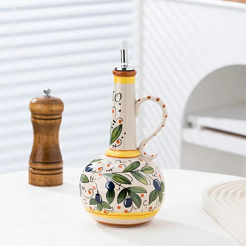 Oil Dispenser Bottle Ceramic Stainless Steel Spout Floral Design