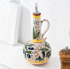 Oil Dispenser Bottle Ceramic Stainless Steel Spout Floral Design