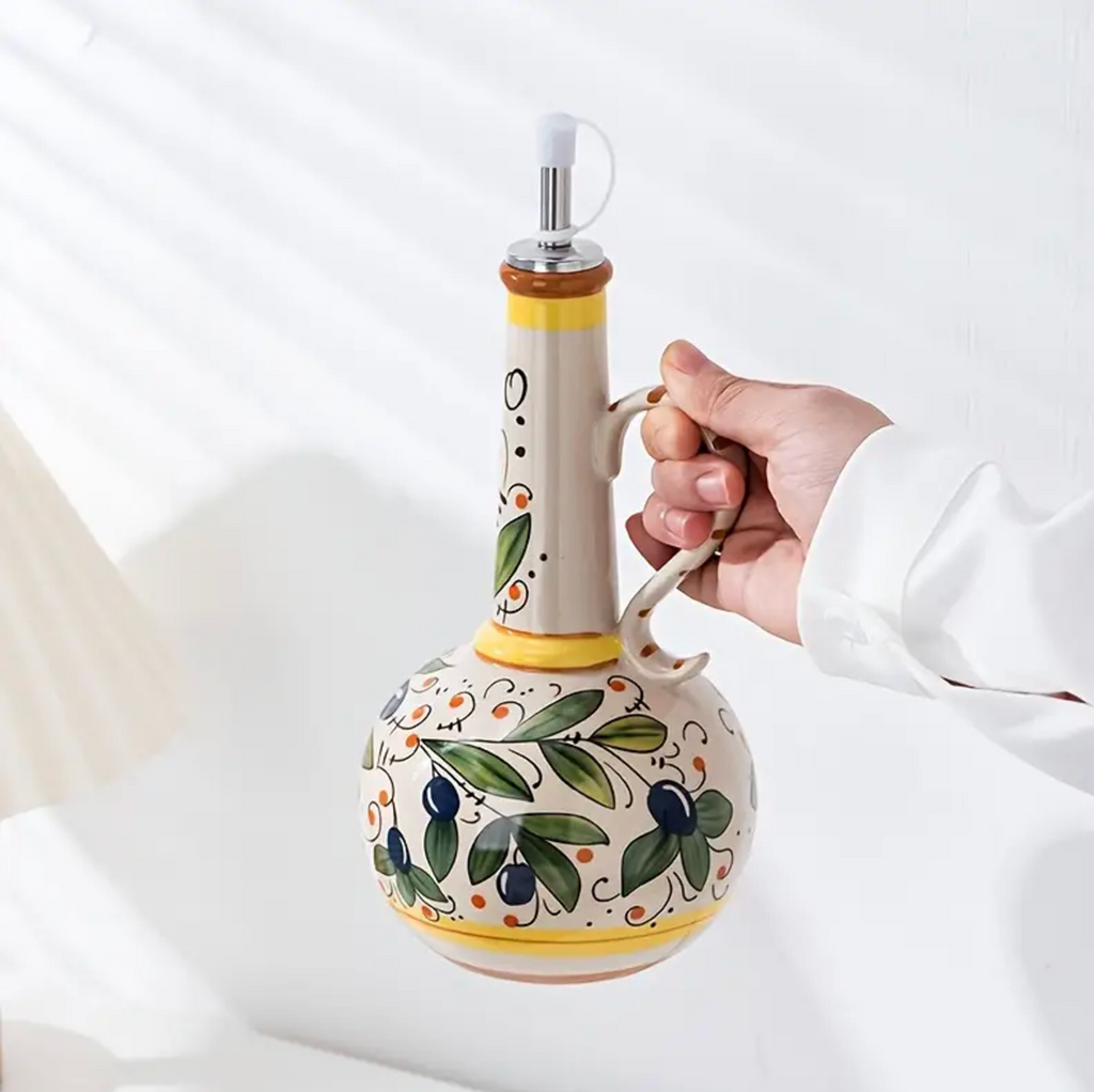 Oil Dispenser Bottle Ceramic Stainless Steel Spout Floral Design
