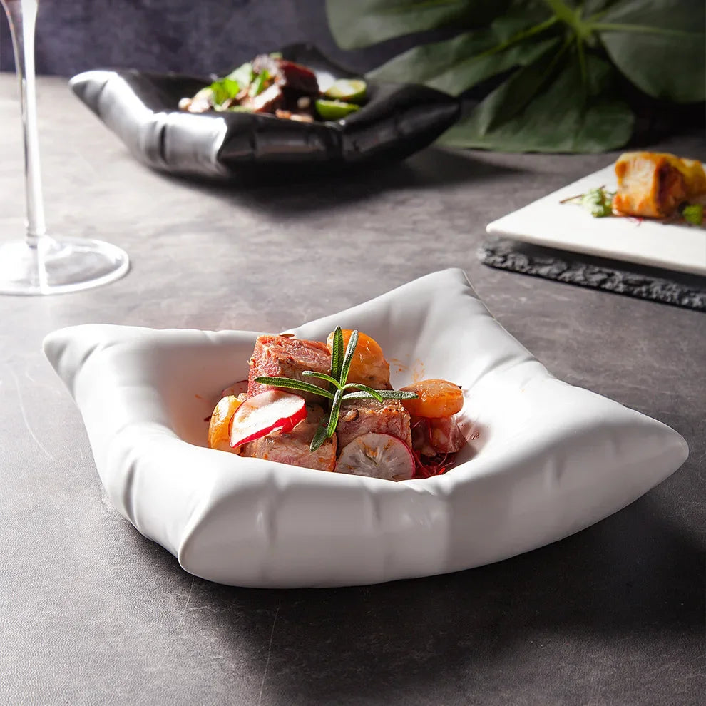 Ceramic Appetizer Plate Pillow Design Glazed Surface Black White 6 Inch 8 Inch