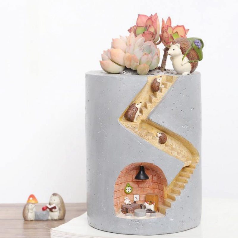 Indoor Planter Pot, Handmade Resin, Rabbit and Hedgehog Motifs