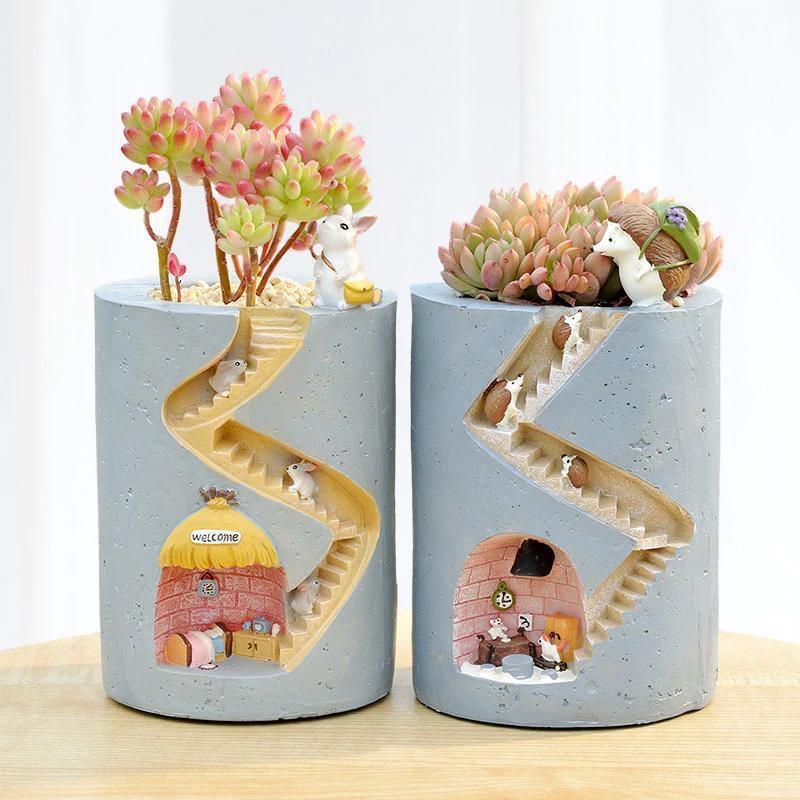 Indoor Planter Pot, Handmade Resin, Rabbit and Hedgehog Motifs