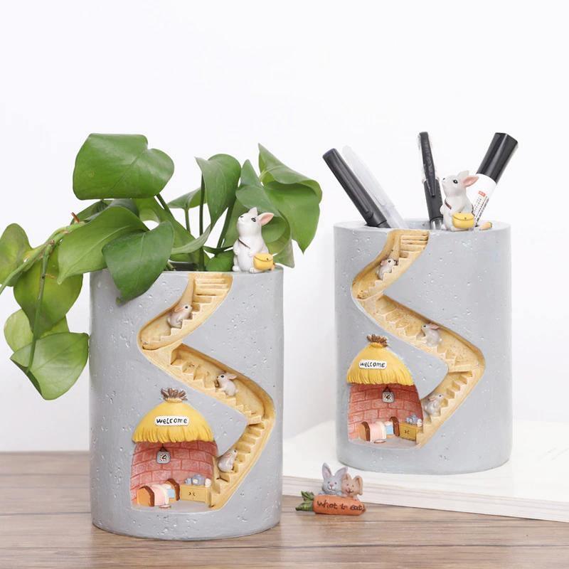 Indoor Planter Pot, Handmade Resin, Rabbit and Hedgehog Motifs