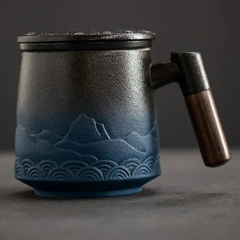 Ceramic Strainer Mug with Wooden Handle and Lid Vintage Tea Coffee Cup