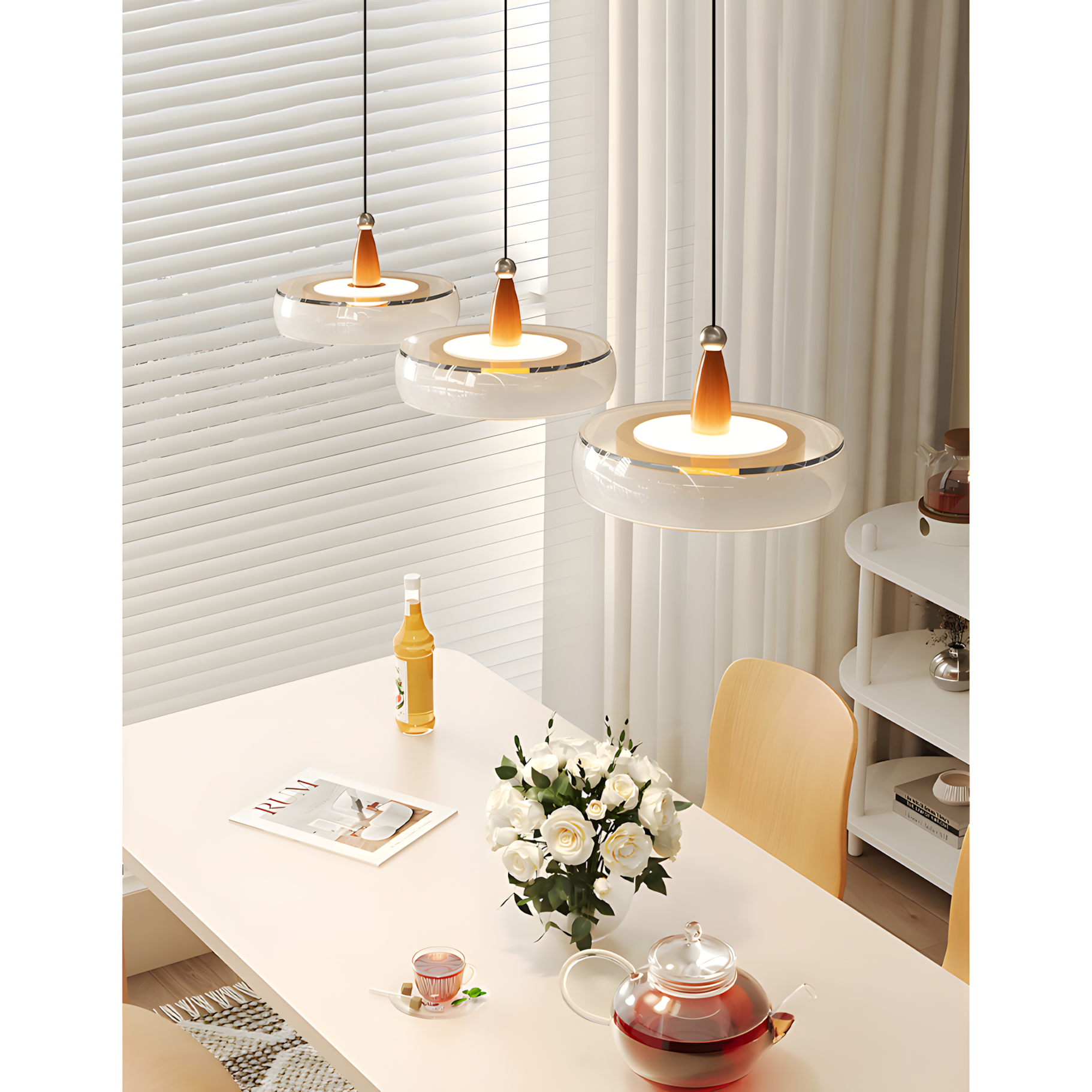 Champagne Linear 3-Light Glass Pendant with Wood-Grain Finish
