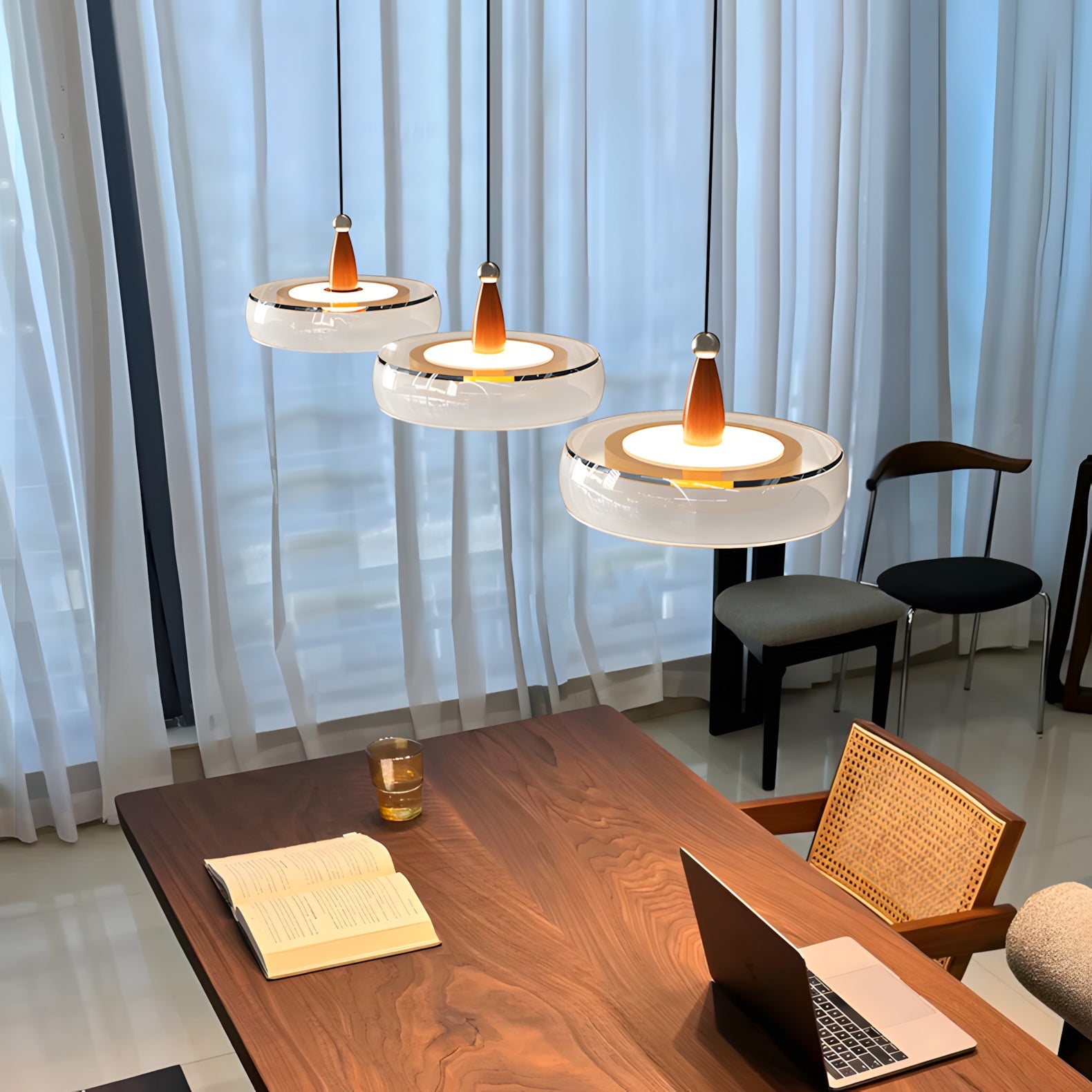 Champagne Linear 3-Light Glass Pendant with Wood-Grain Finish