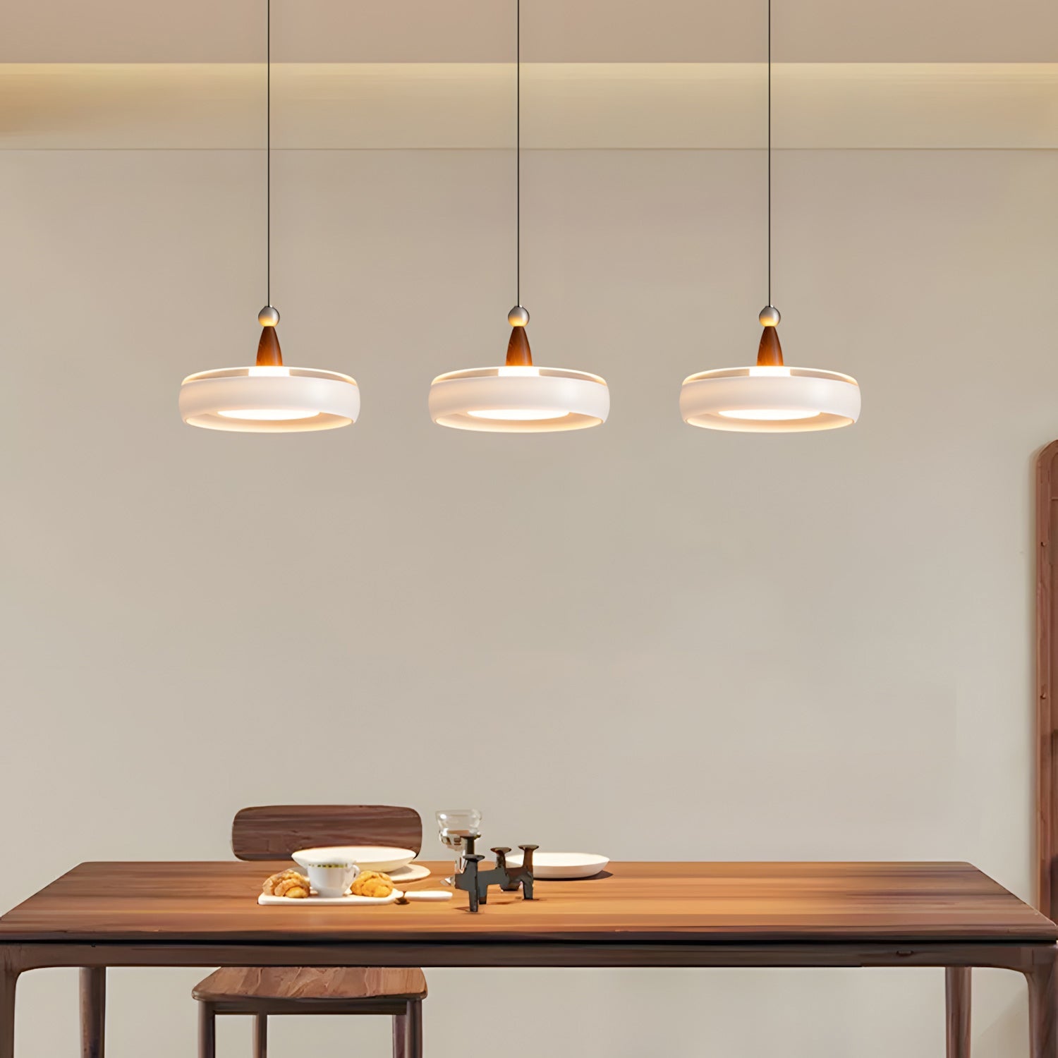 Champagne Linear 3-Light Glass Pendant with Wood-Grain Finish