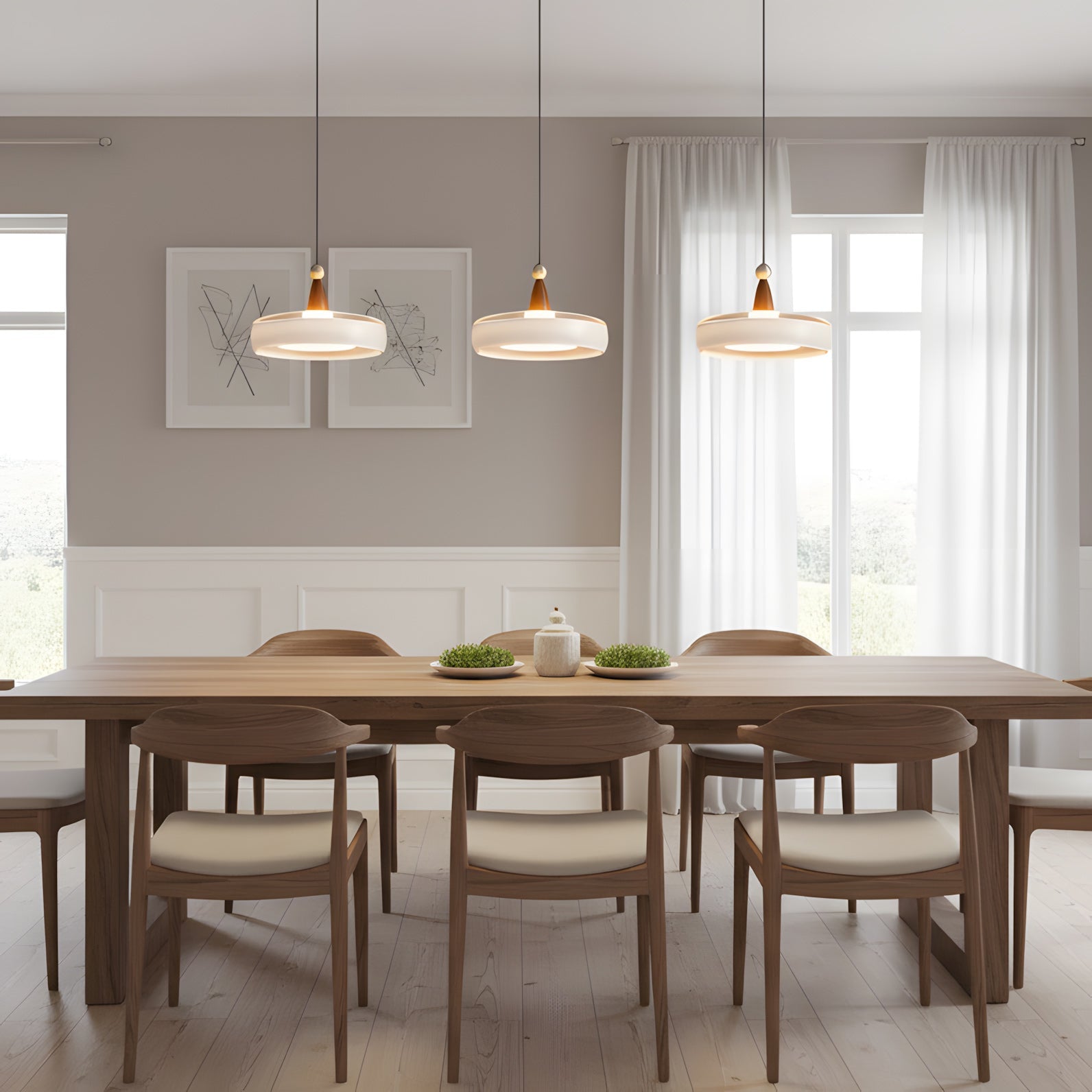 Champagne Linear 3-Light Glass Pendant with Wood-Grain Finish