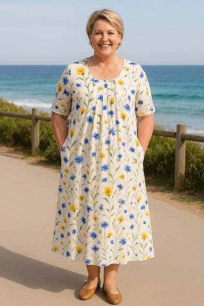 Effortless Midi Dress for Women Print Short-Sleeve Pocketed