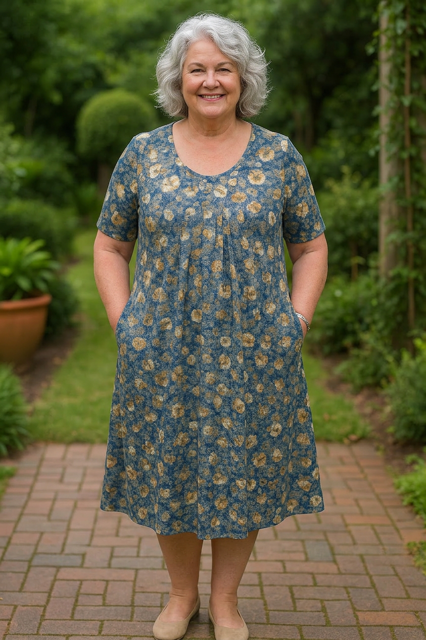 Effortless Midi Dress for Women Print Short-Sleeve Pocketed