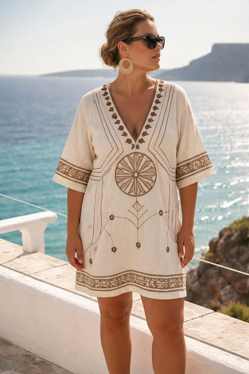 Effortless Mini Dress for Women V-Neck Embroidered Short-Sleeve — Cream