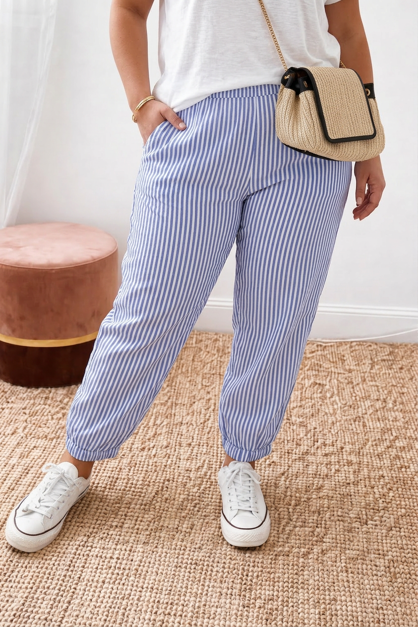 Effortless Jogger Pants for Women Striped Tapered Drawstring — Blue