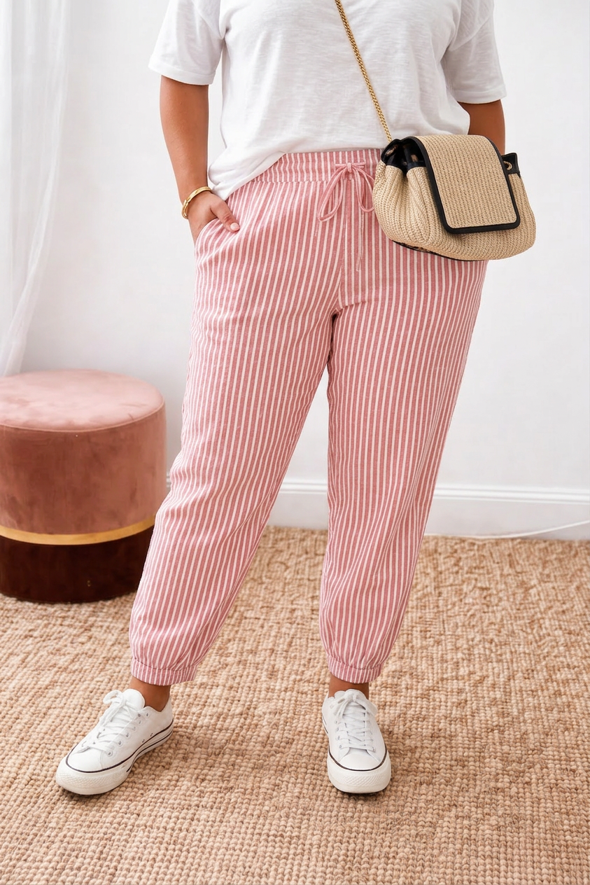 Effortless Jogger Pants for Women Pinstriped Tapered Drawstring — Pink