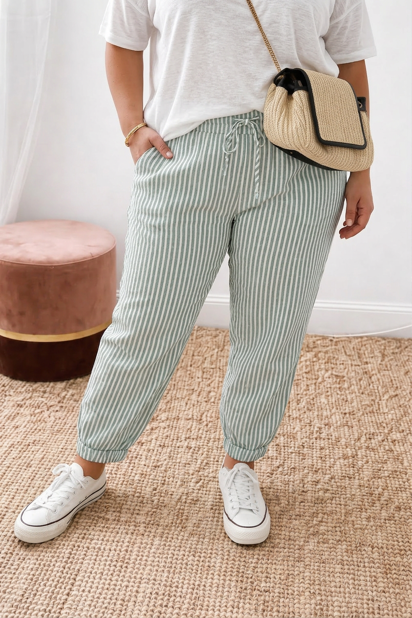 Effortless Jogger Pants for Women Pinstriped Tapered Drawstring — Green