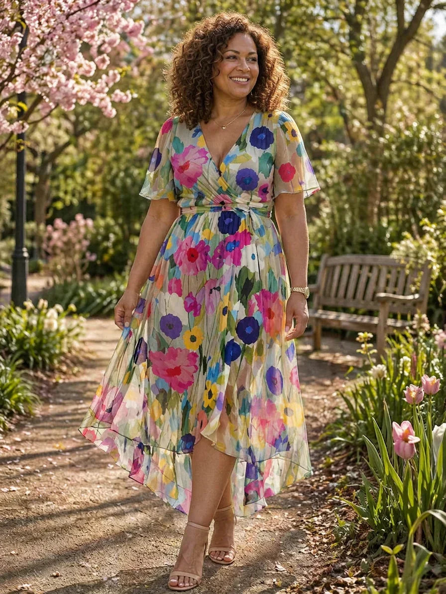 Elegant Midi Dress for Women Wrap Flutter-Sleeve Floral-Print — Multicolor