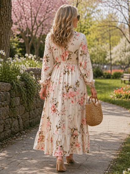 Elegant Maxi Dress for Women Long-Sleeve Floral-Print Smocked-Waist — Ivory