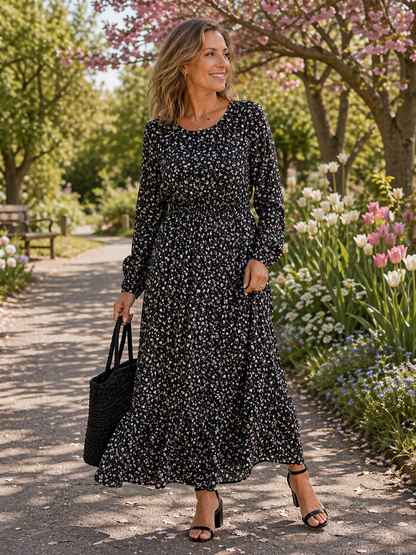 Elegant Maxi Dress for Women Long-Sleeve Floral-Print Smocked-Waist — Black