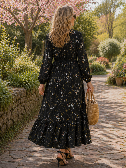 Elegant Maxi Dress for Women Long-Sleeve Floral-Print Smocked-Waist — Black