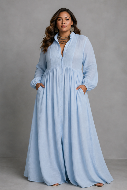 Effortless Maxi Dress for Women Collared Pintuck Long-Sleeve — Blue