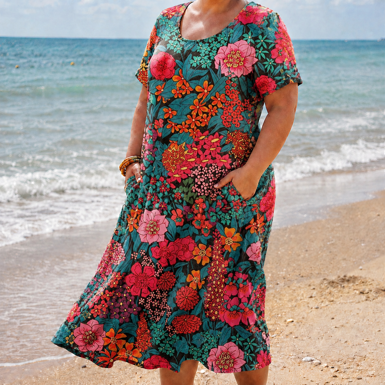Effortless Maxi Dress for Women Floral-Print Round-Neck Pocketed — Multicolor
