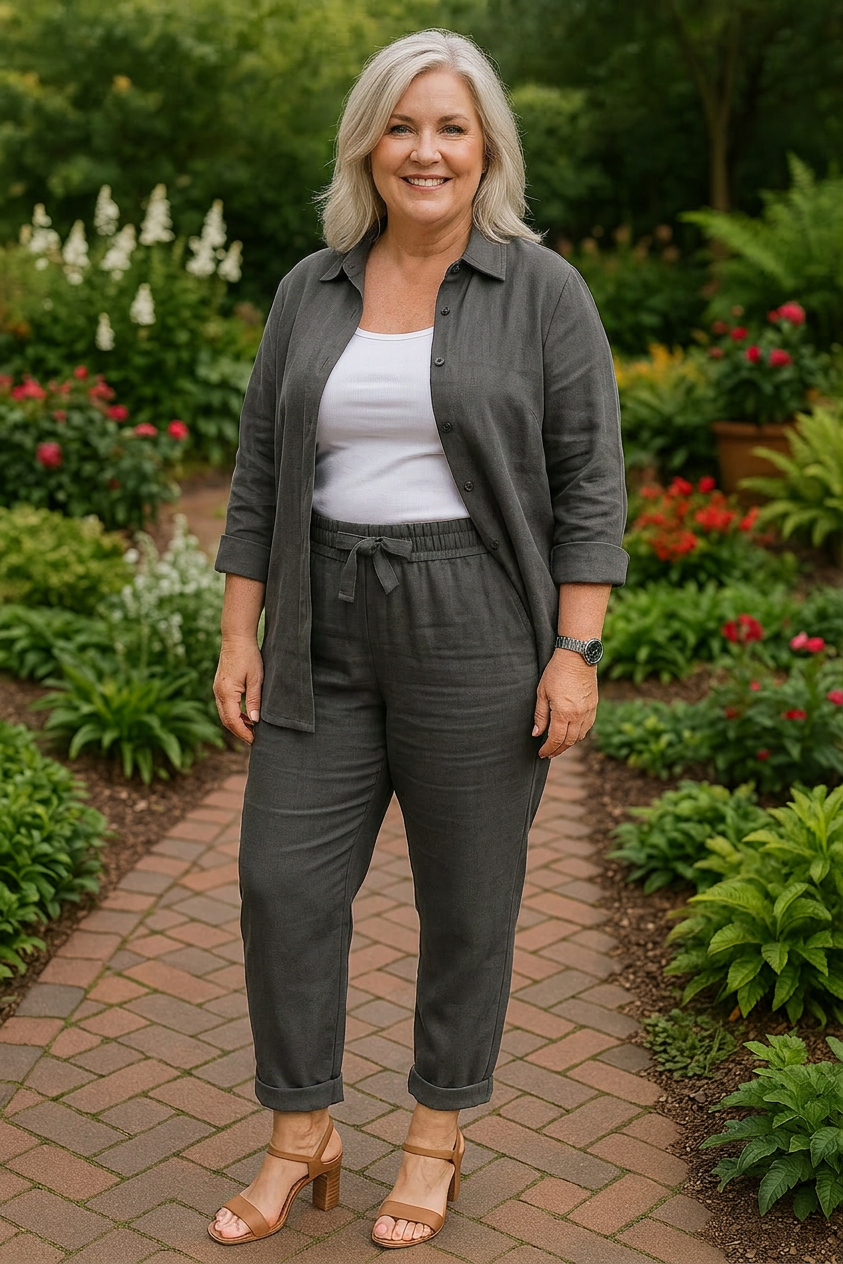 Effortless Two-Piece Set for Women Collared Tapered Belted