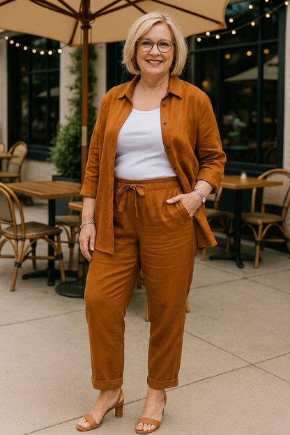 Effortless Two-Piece Set for Women Collared Tapered Belted