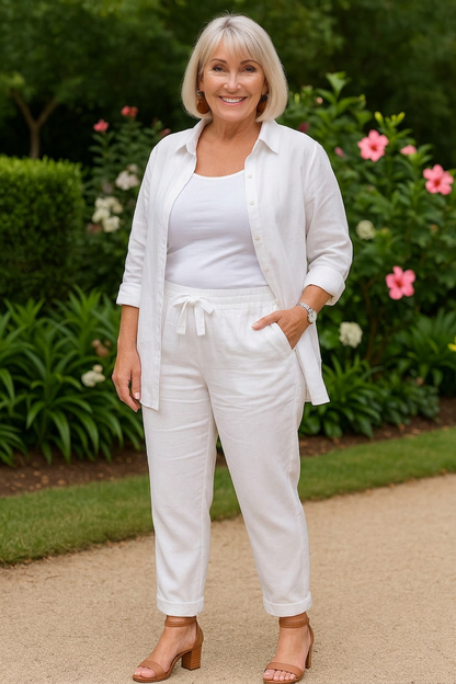 Effortless Two-Piece Set for Women Collared Tapered Belted