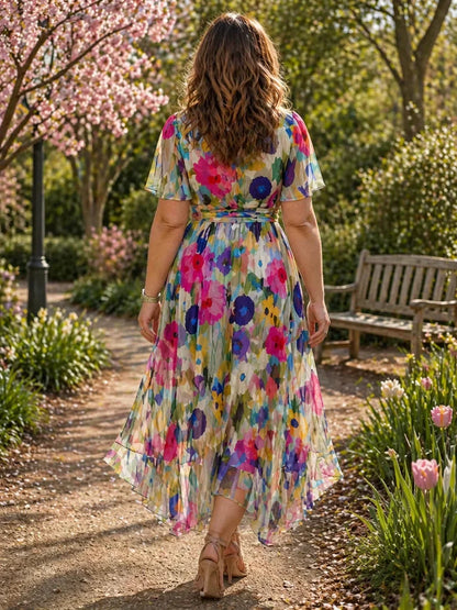 Elegant Midi Dress for Women Wrap Flutter-Sleeve Floral-Print — Multicolor