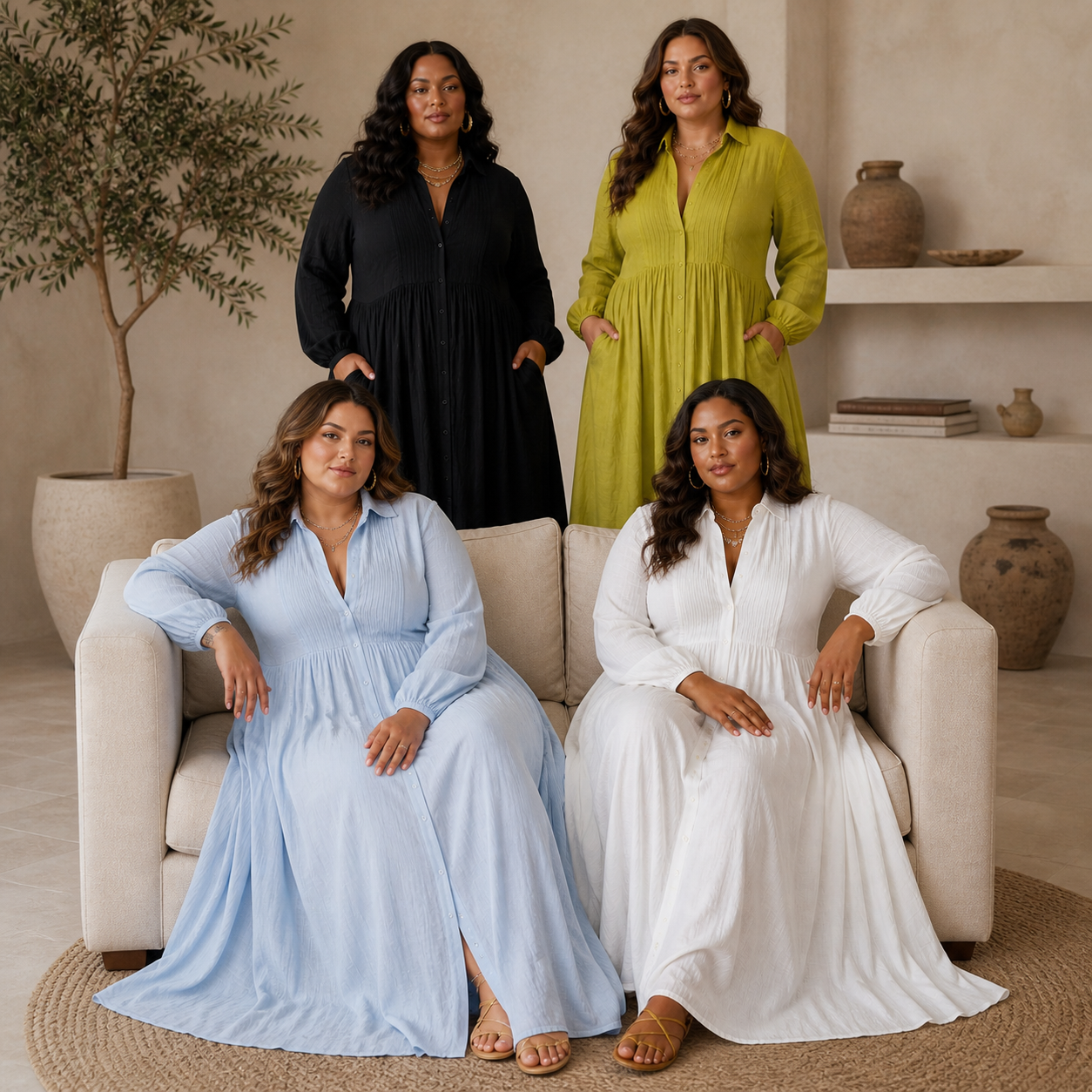 Effortless Maxi Dress for Women Collared Pintuck Long-Sleeve — Blue