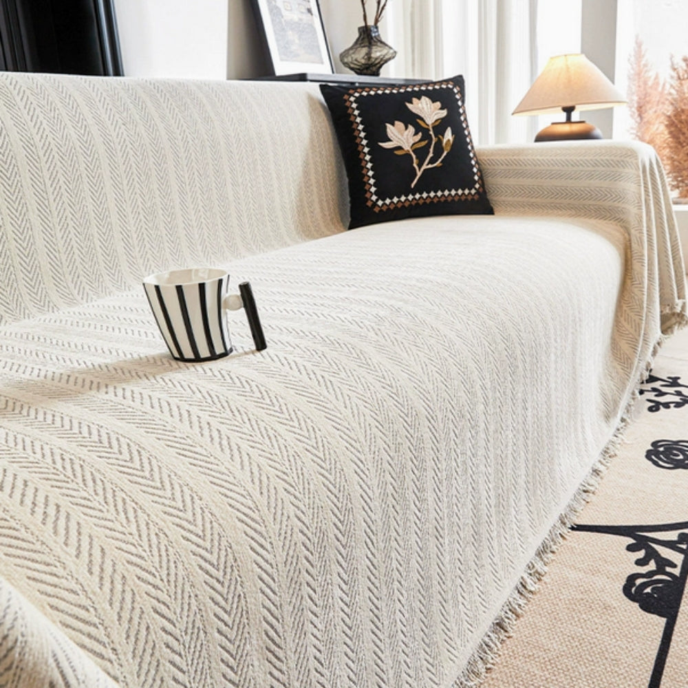ChenilLoom: Herringbone Chenille Sofa Cover – Fringe Throw for Living Room