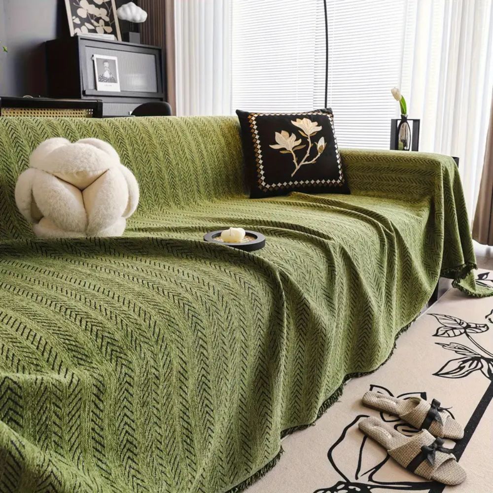 ChenilLoom: Herringbone Chenille Sofa Cover – Fringe Throw for Living Room