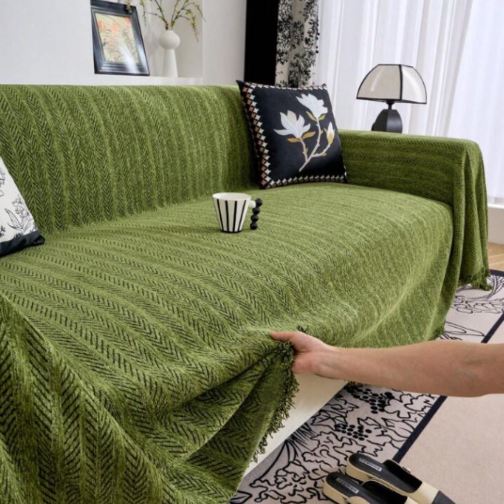 ChenilLoom: Herringbone Chenille Sofa Cover – Fringe Throw for Living Room